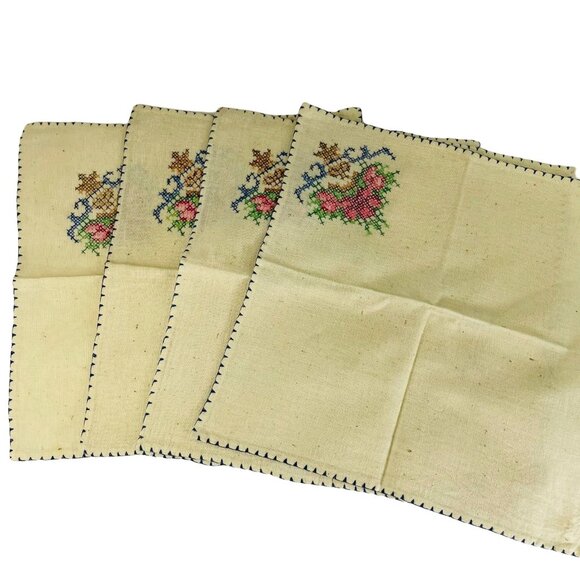 Vintage Linen Dinner Napkins Lot 4 Burlap Needlepoint Embroidered Handmade u - Picture 1 of 5